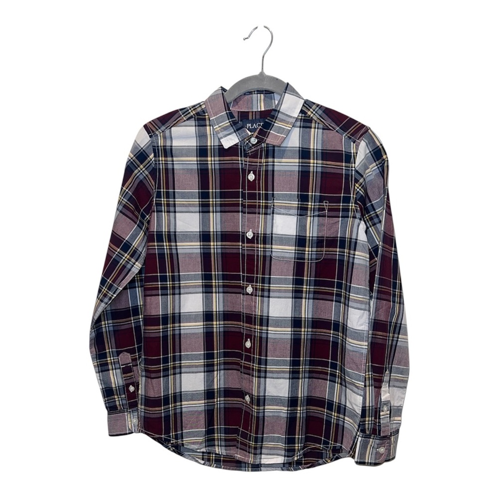 Children’s Place Boys Plaid Button Up Shirt NWT Sz XL (14) Maroon Navy Cotton
